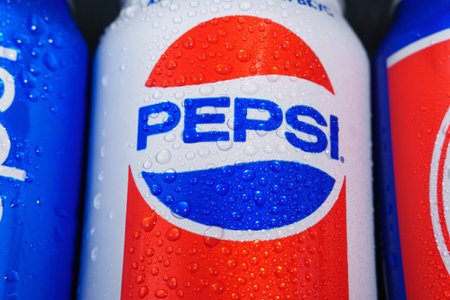 Tyumen, Russia-November 01, 2020: Pepsi logo with water drops isa carbonated soft drinks by PepsiCo....