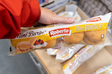 Tyumen, Russia-November 07, 2020: Roberto Burger buns for BERGAMO FOOD. buying in a hypermarketのeditorial素材