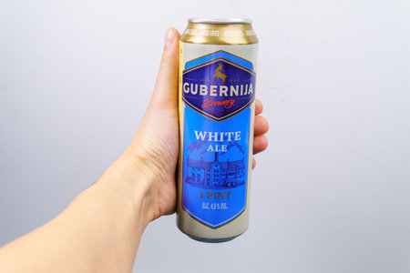Tyumen, Russia-December 23, 2020: Gubernija white beer, ale 1 pint. aluminum can selective focus....