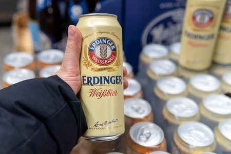 Tyumen, Russia-January 31, 2021: Erdinger, a popular German wheat beer. on the shelves of a...