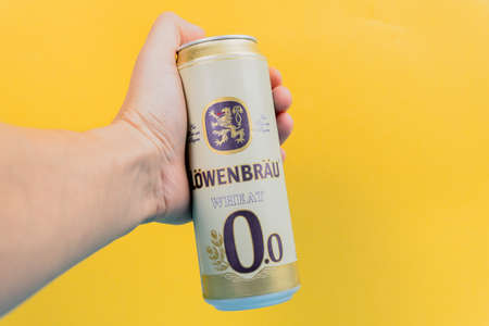 Tyumen, Russia-December 10, 2020: Lowenbrau, can of beer logo. Lowenbrau is a brewery founded in Munich around 1383.のeditorial素材