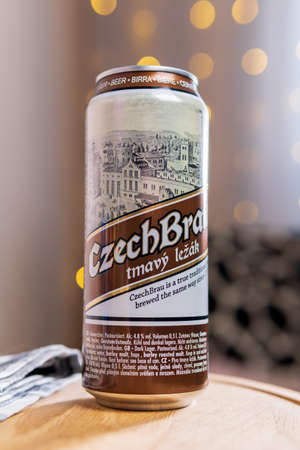 Tyumen, Russia-February 13, 2021: czech brau Beer is a dark beer in an aluminum can. selective...