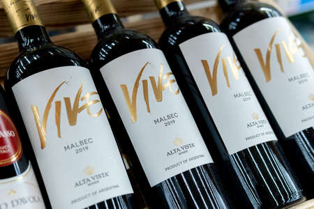 Tyumen, Russia-February 26, 2021: Alta Vista wine, Vive Malbec. Wine from Argentina 2019. selective...