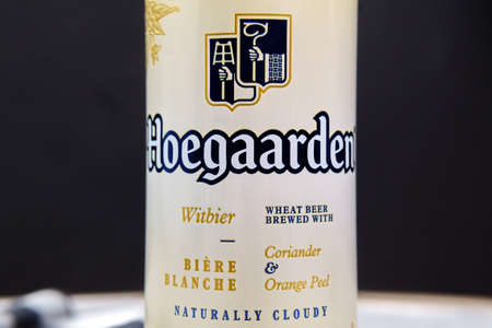 Tyumen, Russia-February 26, 2021: Hoegaarden beer can, Hoegaarden Brewery is a brewery in Hoegaarden, Belgiumのeditorial素材