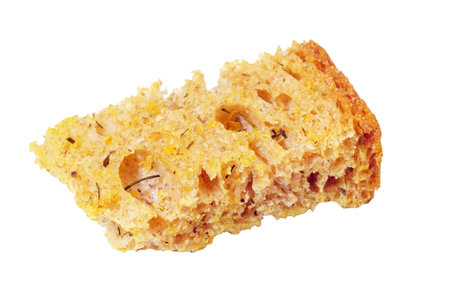 Crouton dry bread close up macro isolated on a white backgroundの写真素材