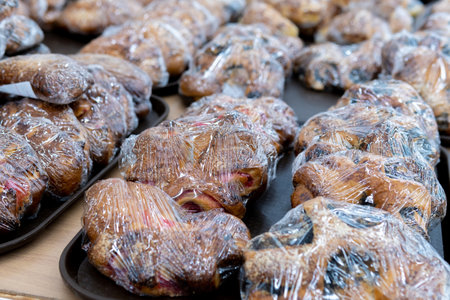 buns in plastic wrap, sold in a hypermarket. selective focusの写真素材