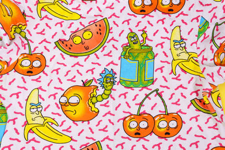 Tyumen, Russia-March 15, 2021: Rick and Morty cartoon multi-colored T-shirt. Popular cartoon