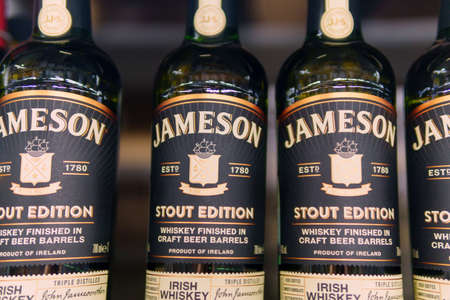 Tyumen, Russia-april 21, 2021: New Jameson Stout Edition Caskmates Irish Whiskey Bottle. sale of...
