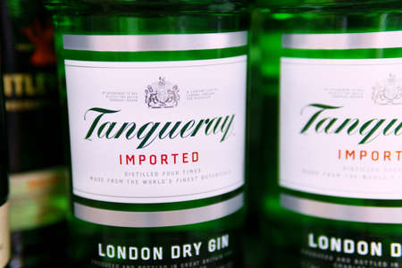 Tyumen, Russia-april 21, 2021: Bottle of Tanqueray, a brand of gin produced by Diageo plc.
