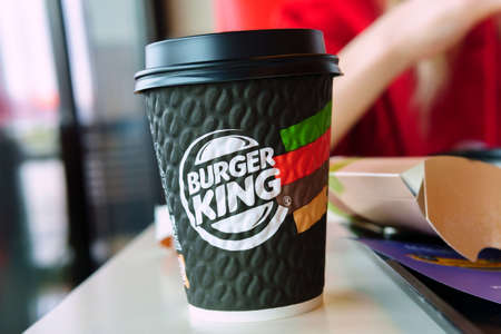 Tyumen, Russia-april 05, 2021: fast food restaurant burger king breakfast coffee. selective focusのeditorial素材