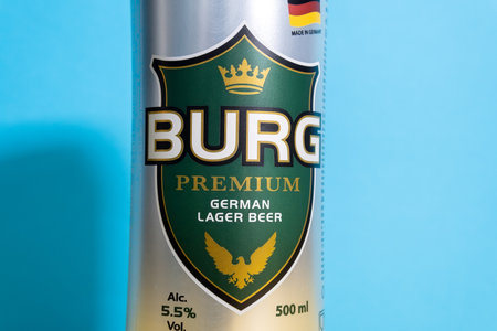 Tyumen, Russia-april 17, 2021: Burg premium beer aluminum can. Darguner Brauerei is a German brewery founded in 1991.のeditorial素材