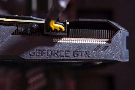Tyumen, Russia-april 26, 2021: Graphic video card Geforce GTX logo. Cryptocurrency concept.のeditorial素材