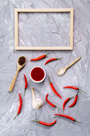 Composition with chili pepper sauce, garlic and sauce on gray background. top view copy spaceの写真素材