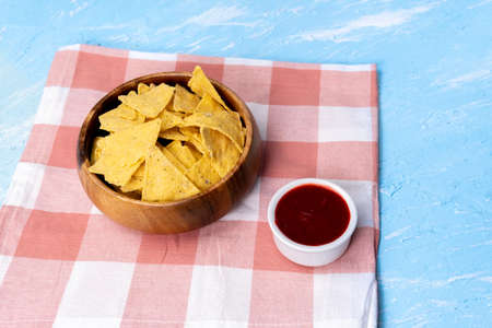 Mexican Sauce nachos homemade crispy corn tortilla chips.の写真素材