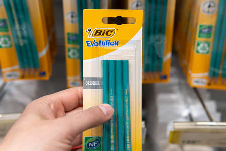 Tyumen, Russia-april 21, 2021: Bic is a French company engaged in the production of consumer items...