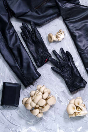 eco leather based on mushroom mycelium. Reusable alternative leather, top view. vertical photoの写真素材