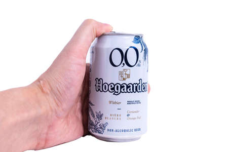 Tyumen, Russia-May 25, 2021: Hoegaarden Beer isolated on white. Hoegaarden is a Belgian wheat beer...