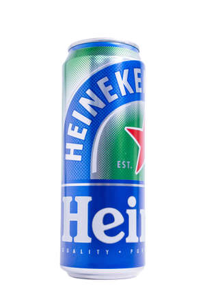 Tyumen, Russia-May 25, 2021: Heineken beer can close up isolated on white. Product of Heineken Internationalのeditorial素材