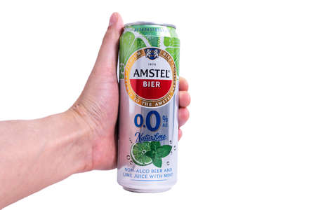 Tyumen, Russia-May 25, 2021: Amstel beer can non-alcoholic with lime and mint. Isolated on a white backgroundのeditorial素材