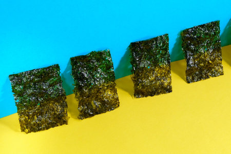 Crispy nori seaweed close up. Japanese food nori. Dry seaweed sheets.の写真素材