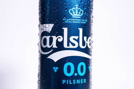Tyumen, Russia-april 26, 2021: Can of Carlsberg non alcoholic. The Carlsberg Group is a Danish brewing company founded in 1847.のeditorial素材