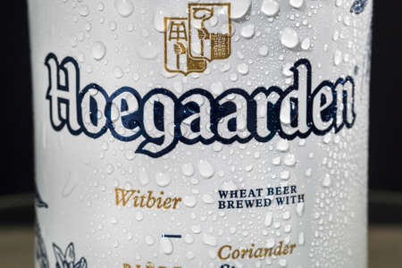 Tyumen, Russia-May 25, 2021: Non alcoholic beer Hoegaarden aluminum can.のeditorial素材