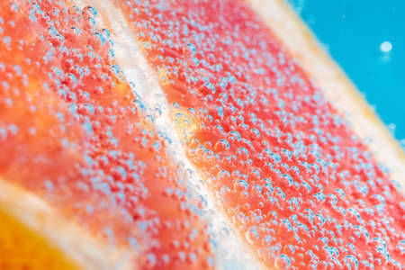 Grapefruit close up in soda water with bubbles. Summer drink concept.の写真素材