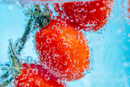 Red bell pepper close-up in the water under the water, selective micro focusの写真素材