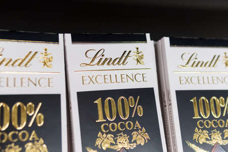 Tyumen, Russia-June 08, 2021: Lindt Excellence dark chocolate bar. Selective focusのeditorial素材
