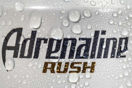 Tyumen, Russia-May 25, 2021: Adrenaline Rush energy drink Zero Sugar.