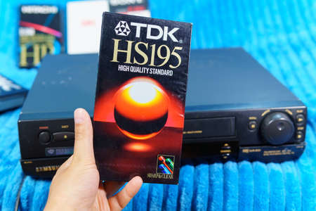Tyumen, Russia-July 25, 2021: Old video cassettes of tdk. Selective focusのeditorial素材