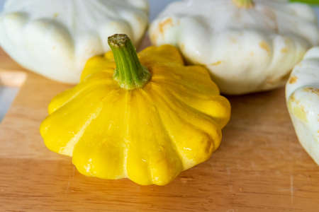 Fresh harvest pattypan squash, yellow squash and pattisonの写真素材