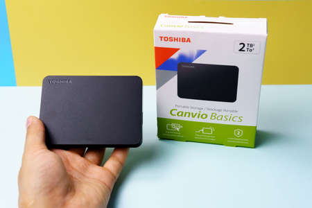 Tyumen, Russia-August 24, 2021: Toshiba USB 3.0 hard drive canvio basics 2 tb. Selective focusのeditorial素材