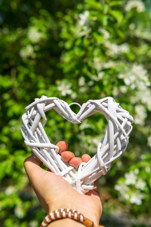 A white heart in his hand against the background of a flowering tree. Love concept. Vertical photoの写真素材
