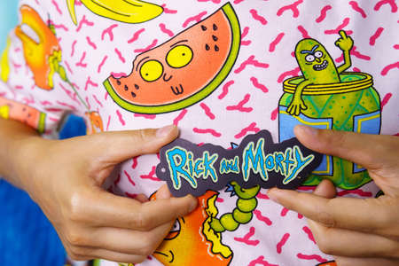 Tyumen, Russia-August 27, 2021: Rick and Morty T-shirts with the image. American comedy animated seriesのeditorial素材