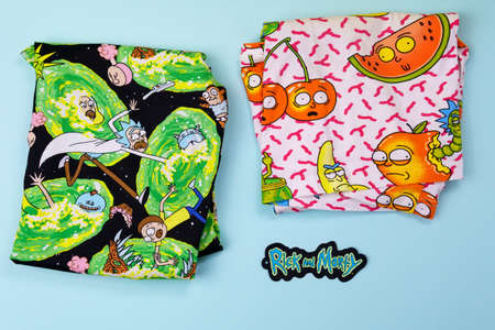 Tyumen, Russia-August 27, 2021: Rick and Morty multi-colored T-shirt cartoon . Animated series created by Justin Roiland and Dan Harmonのeditorial素材