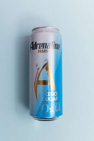 Tyumen, Russia-October 15, 2021: Adrenaline rush energy drink, metal can zero sugar. Vertical photoのeditorial素材