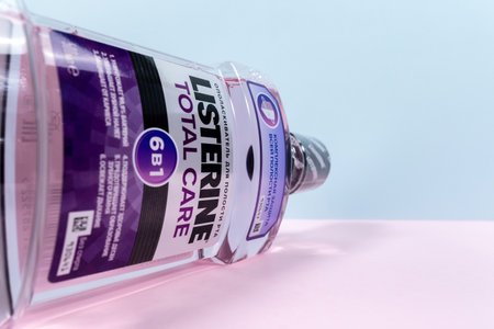 Tyumen, Russia-October 15, 2021: Listerine total care 6 in 1. Listerine brand is a manufacturer of mouth wash products. Copy spaceのeditorial素材