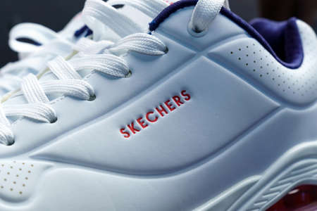 Tyumen, Russia-October 14, 2021: Sketchers shoes white Skechers is an American based footwear company. Close upのeditorial素材