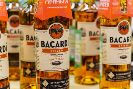 Volzhsky, Russia-September 21, 2021: glass bottle Bacardi spiced rum. on supermarket shelves