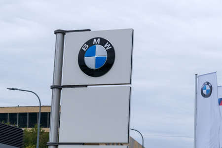 Volzhsky, Russia-September 25, 2021: BMW logo center, BMW is a German luxury vehicle, sports car. Selective focusのeditorial素材