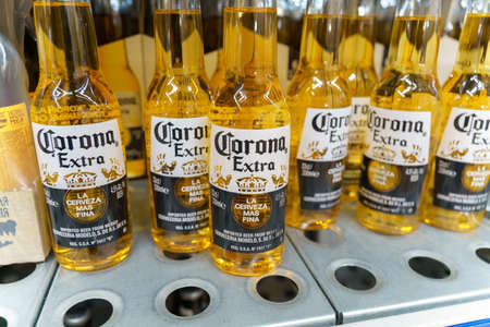 Tyumen, Russia-December 02, 2021: Bottles of Corona Extra Beer. Corona is the most popular imported...