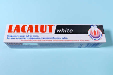 Tyumen, Russia-October 15, 2021: Lacalut is German dental care brands. Lacalut White medical toothpaste. Copy spaceのeditorial素材