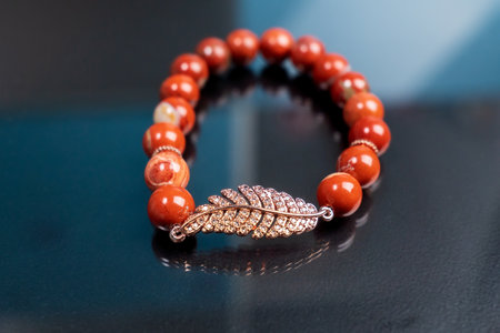 Gemstone jasper bracelet decoration. Accessory hand decoration. Handmade jewelery.の写真素材