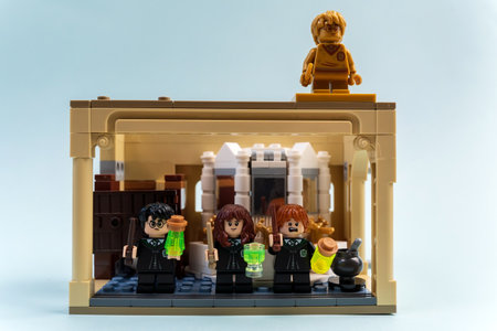Tyumen, Russia-January 12, 2022: Harry Potter, Ron Weasley and Hermione Granger, Harry Potter Anniversary 20 years minifigures. Selective focusのeditorial素材