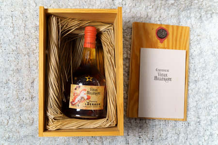 Tyumen, Russia-November 27, 2021: Lheraud Cognac Vieux Millenaire. A bottle of alcoholのeditorial素材