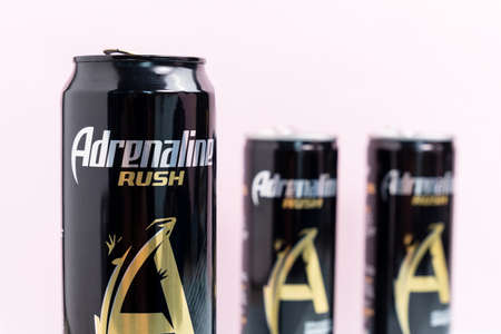Tyumen, Russia-October 15, 2021: Adrenaline Rush energy drink by Pepsi Co. copy space