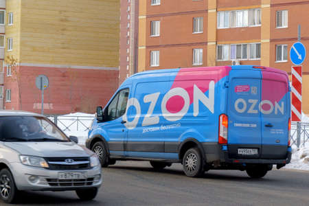 Tyumen, Russia-February 01, 2022: Minivan truck for delivery to points of the online store Ozon...