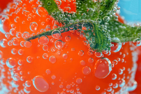 Cherry tomato close-up in water underwater macro selective focus. juicy vegetable with a bubble of juice.の写真素材