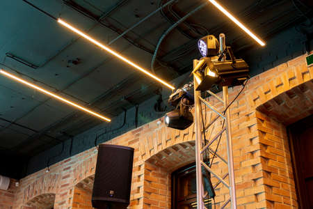 Tyumen, Russia-February 11, 2022: Lighting equipment for cinema, professional equipment in a large studioのeditorial素材